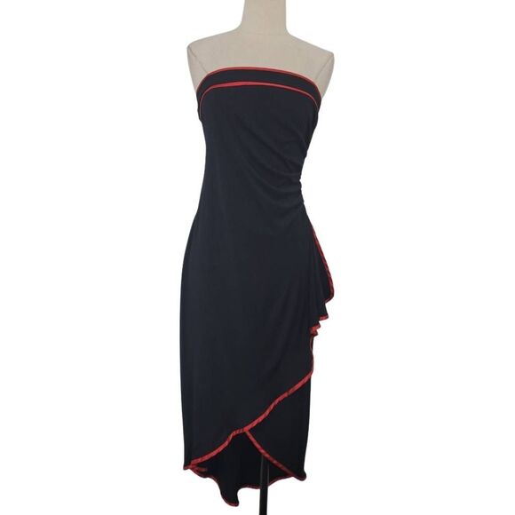 Vtg 90s Alyn Paige Strapless Hi-Low Dress Womens Medium‎ Black Red Ruched Goth - Picture 1 of 8
